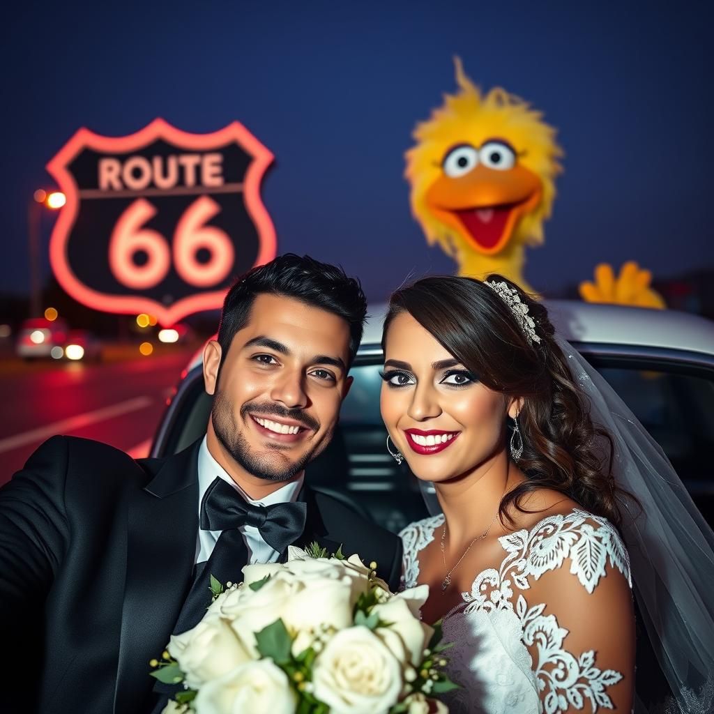 Big Bird Photobombs Newlyweds on Route 66