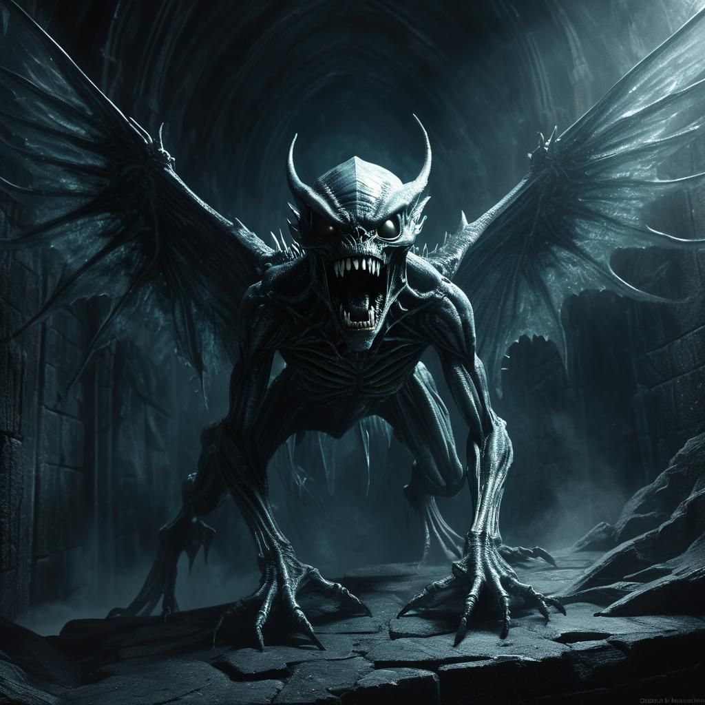 Winged Alien in Dark Chamber: A Gothic Horror Illustration