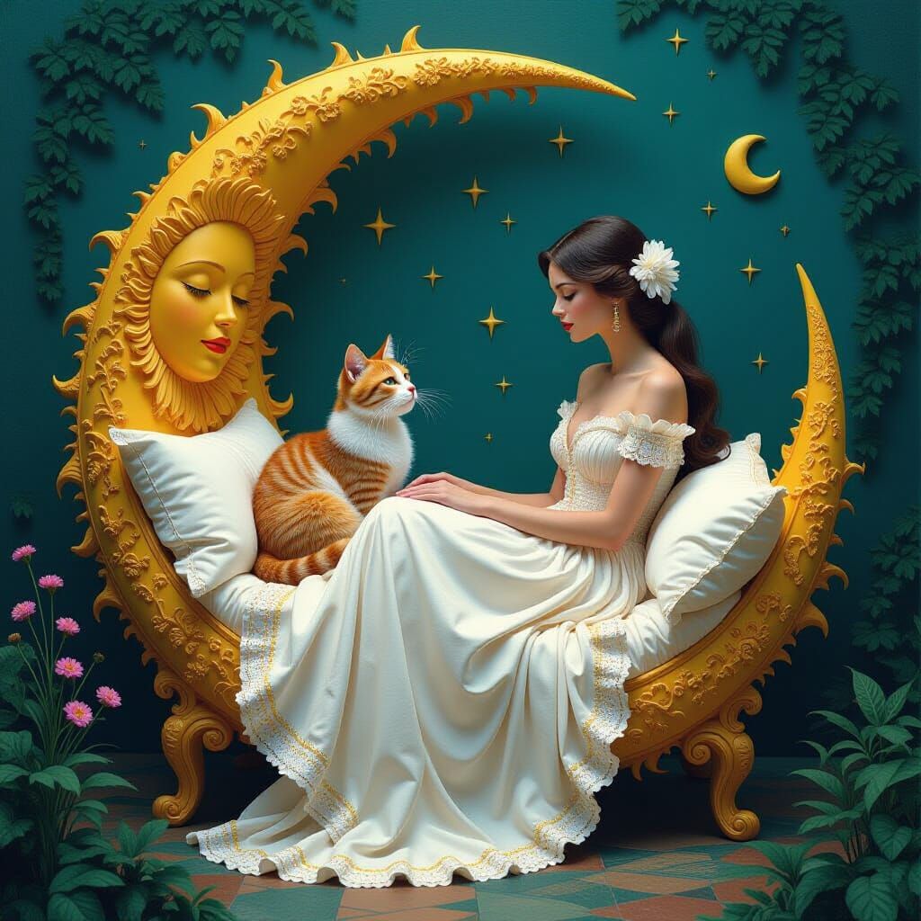 Woman and Cat in Surreal Sun and Moon Bed