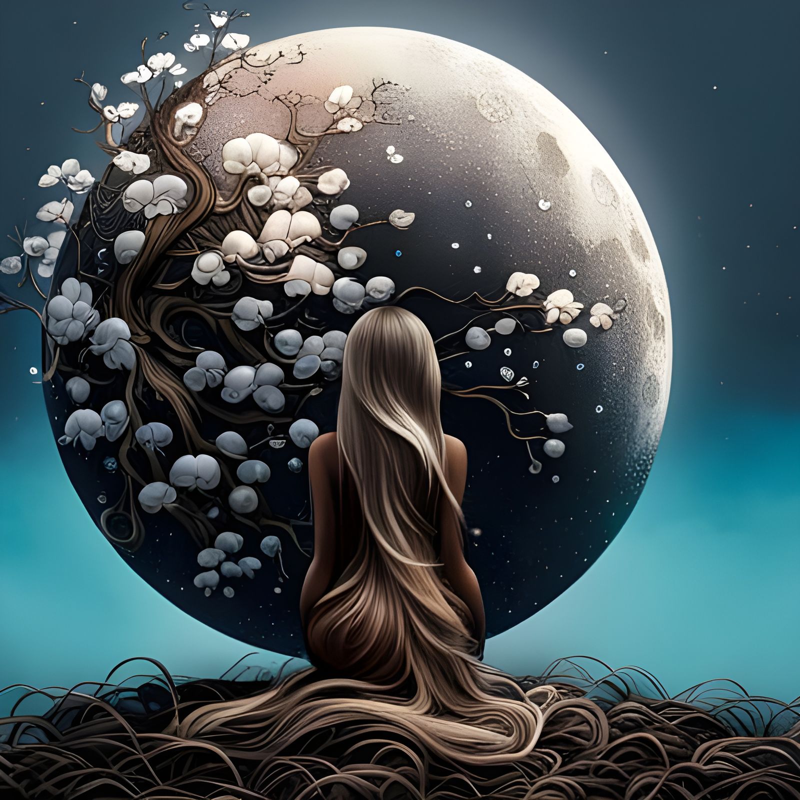 Whimsical Moon on Thorns in a Starry Sky