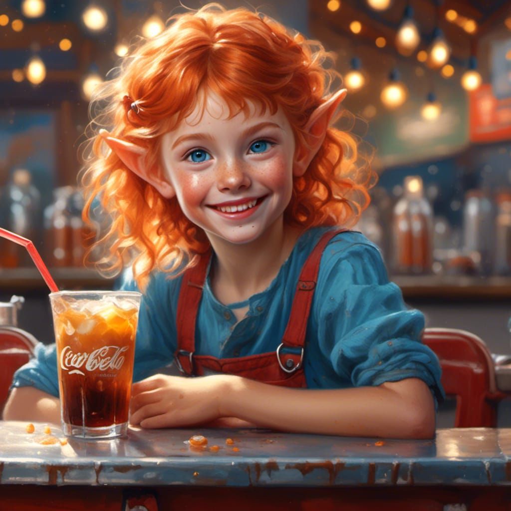 Smiling Elf Girl with Root Beer Float, Photorealistic