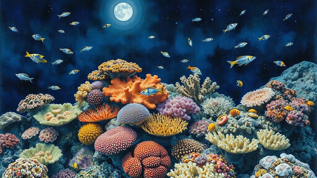Vibrant Coral Reef Teeming with Night Marine Life