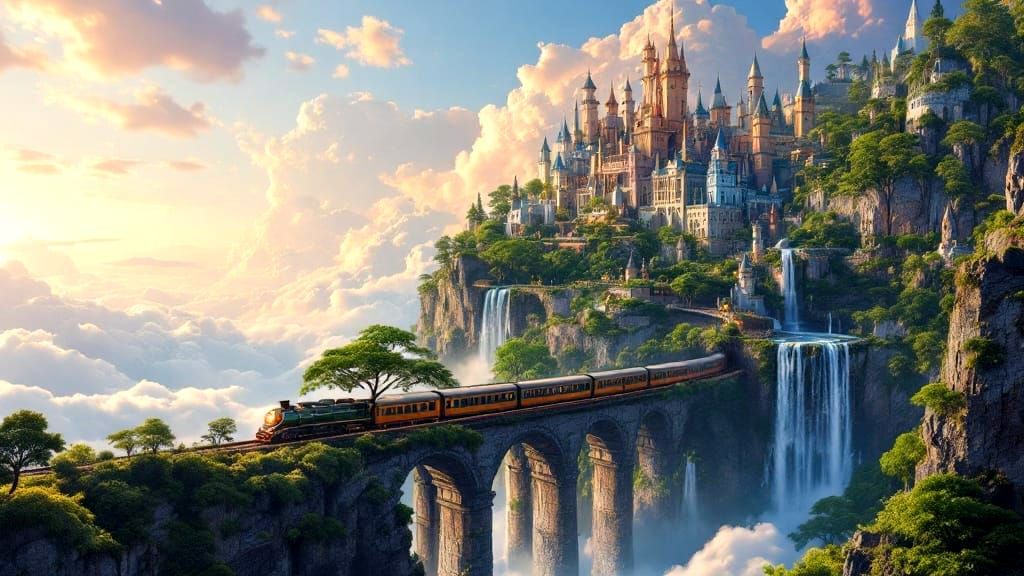 Train Passing Colossal Giants Carrying Wonderland Kingdom