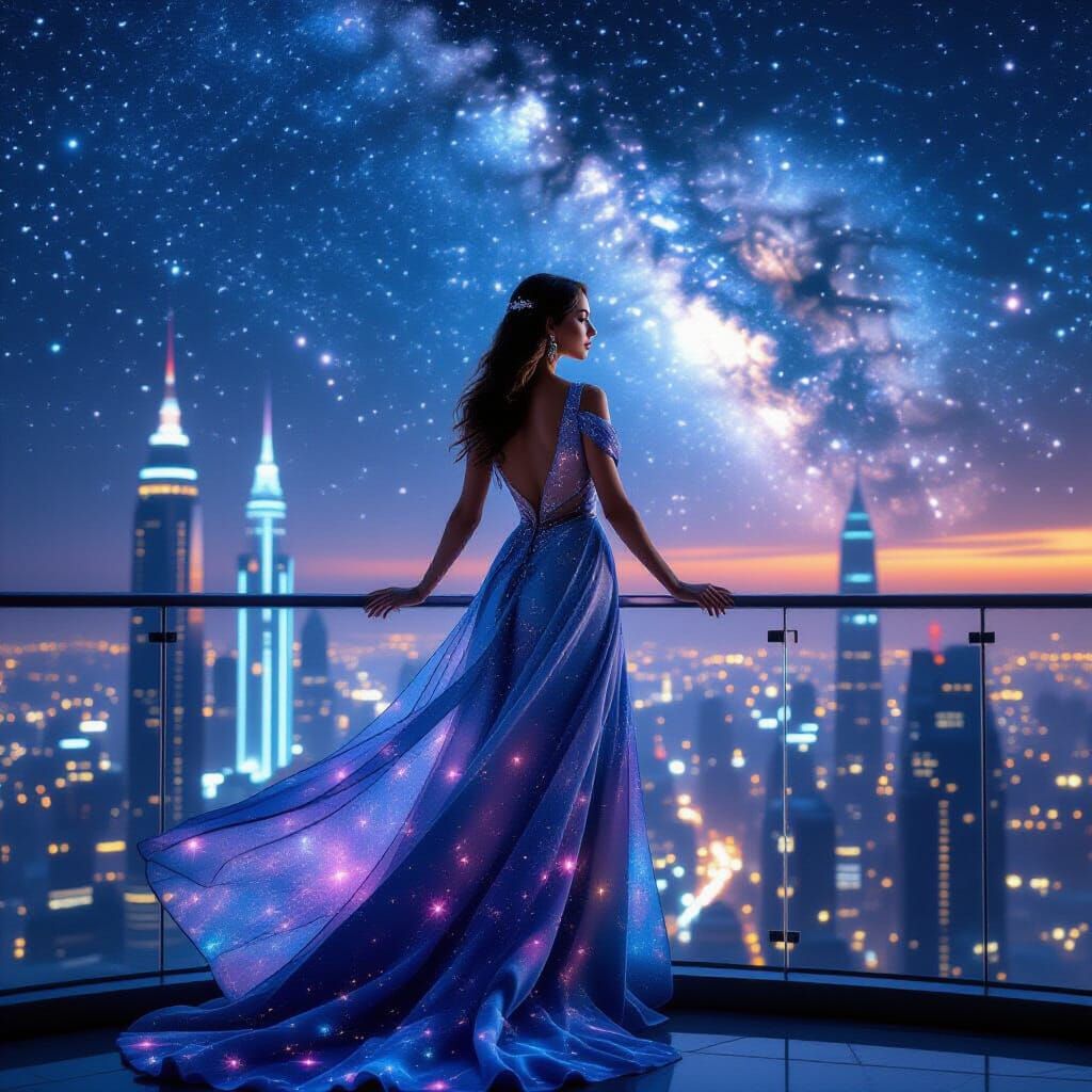 Regal Woman Overlooks Neon City in Cosmic Dress