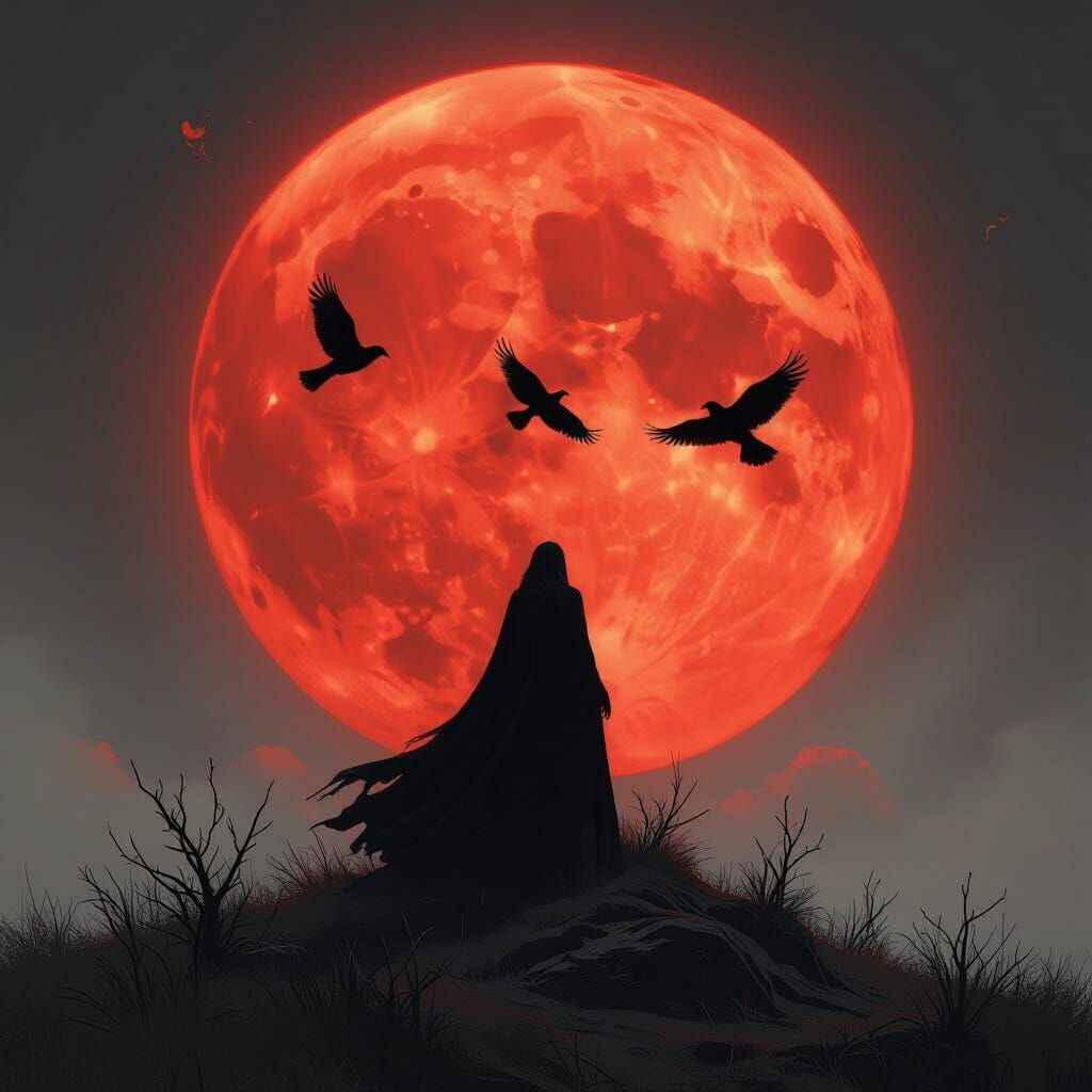 Blood Moon with Circling Birds in Gothic Horror Style