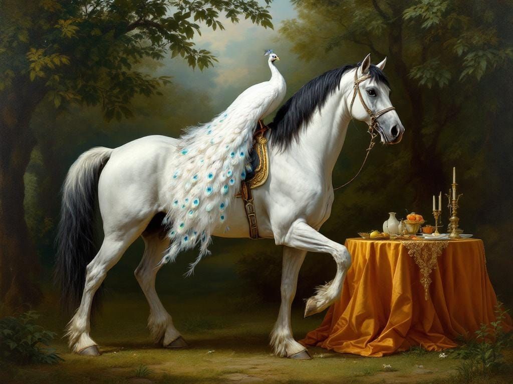 Stallion and Peacock Portrait in Classical Realism Style
