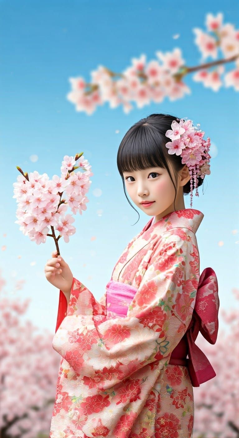 Kimono Girl Picking Cherry Blossoms