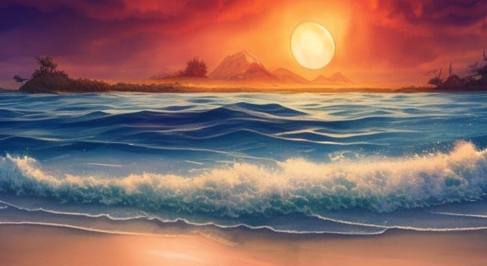 Watercolor Sunset Beach with Waves and Mountains