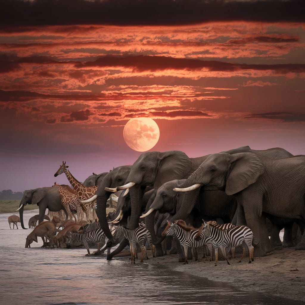 African Sunset Over Zambezi River With Wildlife