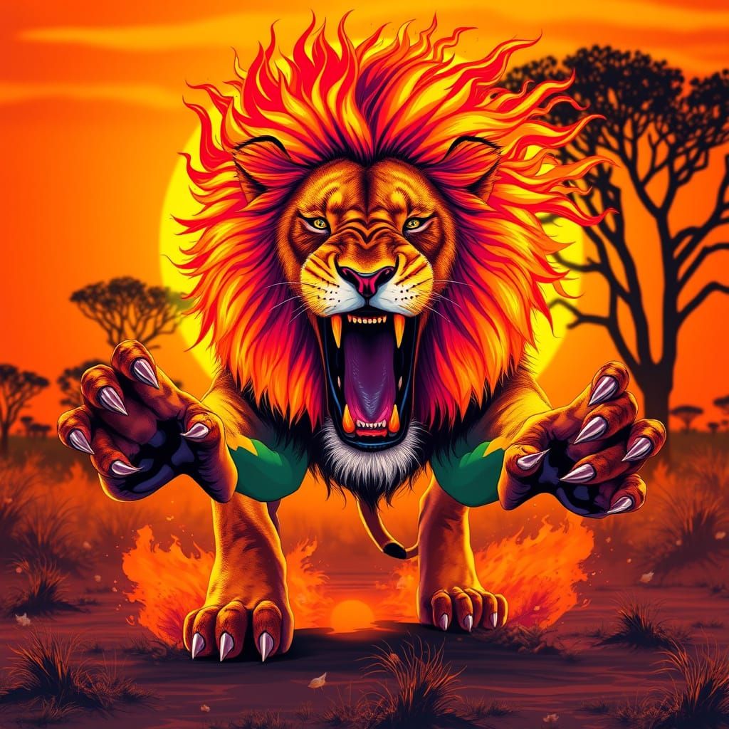 Vibrant Rainbow Lion Roars Forward in a Fiery, Sunset-Lit Sa...