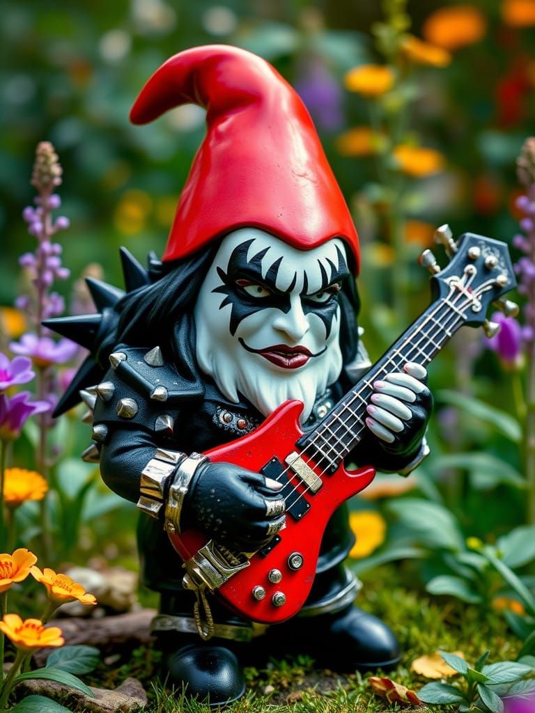 Cyberpunk Gnome Warrior in Whimsical Garden