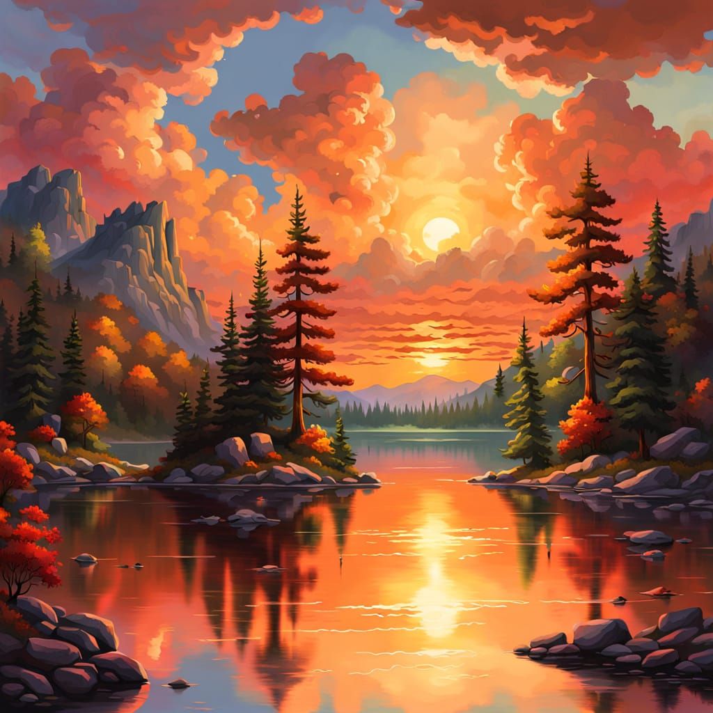 Vibrant Forest Sunset Reflected in Lake, Thomas Kinkade Styl...