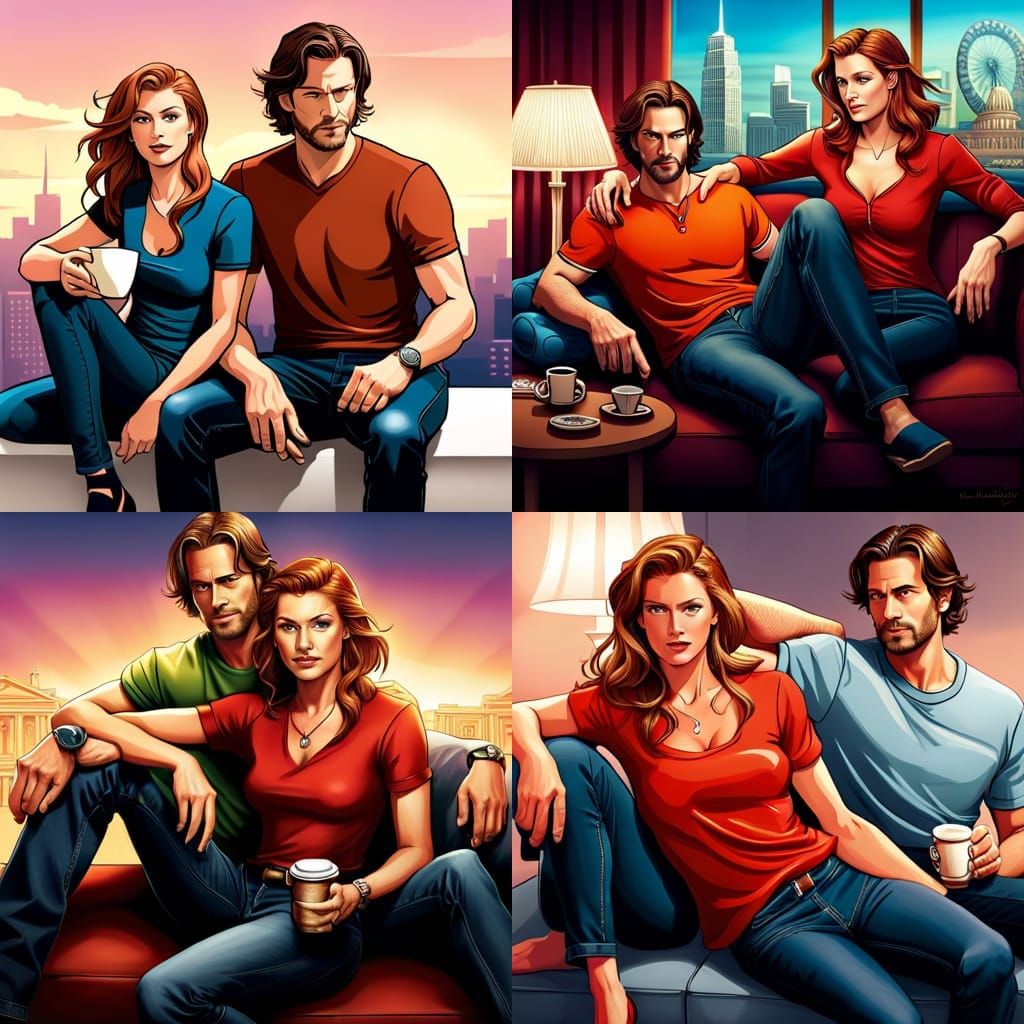 Couple Enjoying Coffee: Romantic Digital Art