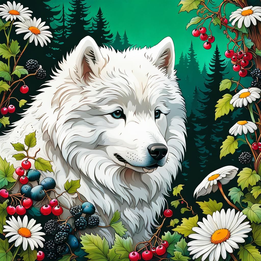 Samoyed in Wild Garden: Modern Ink Illustration