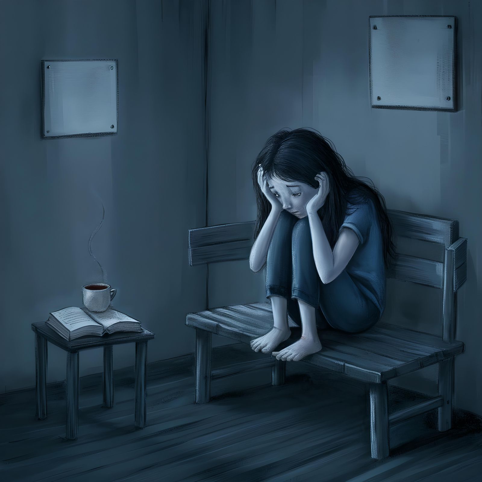 Melancholic Woman in Solitude: A Dimly Lit Scene