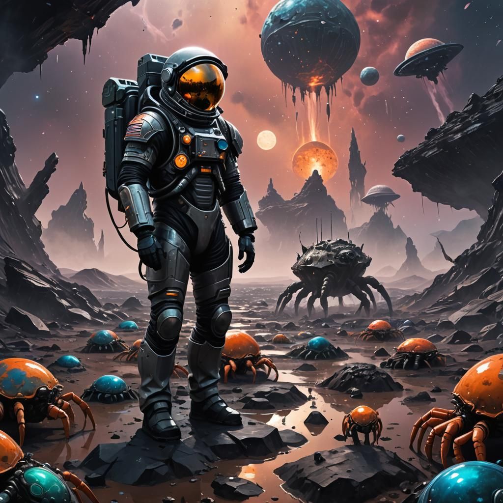 Surreal Sci-Fi: Astronaut on Planet of Metal Crabs