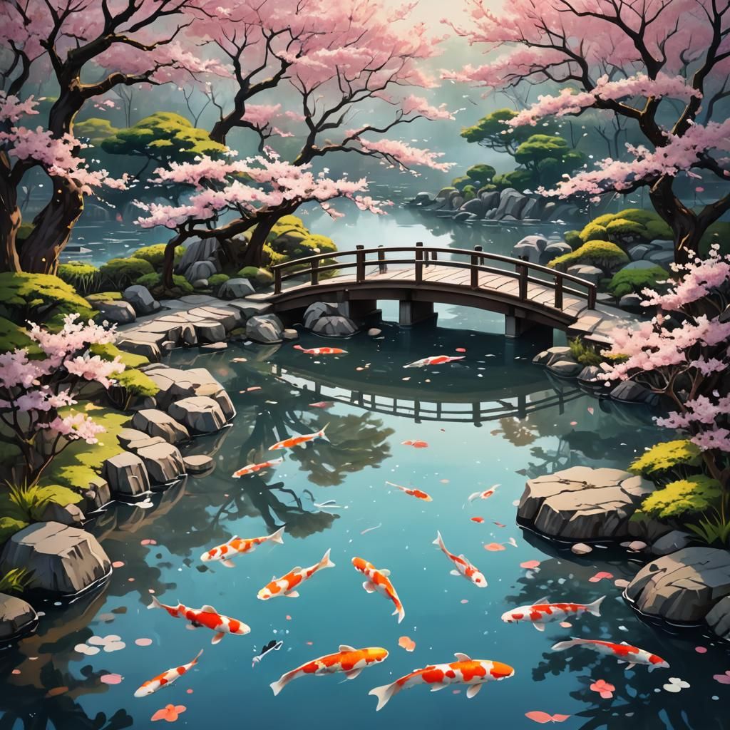 Japanese Garden at Dawn with Cherry Blossoms