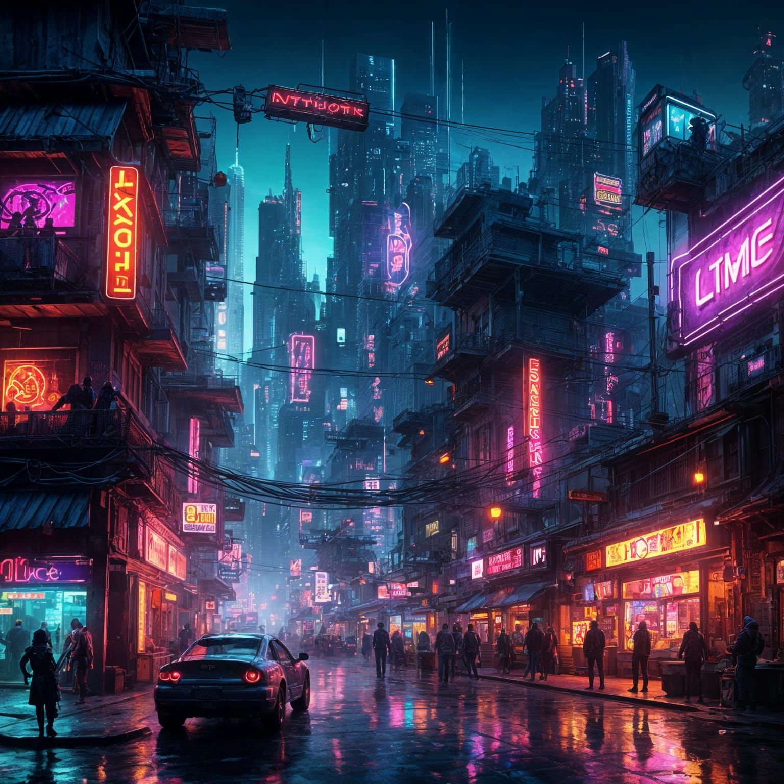 Cyberpunk Cityscape with Neon Lights in Grunge Style
