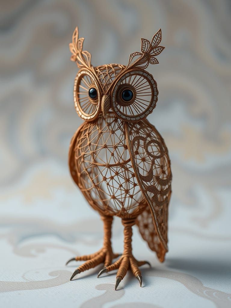 Whimsical String Owl Figurine in Retrofuturistic Hues