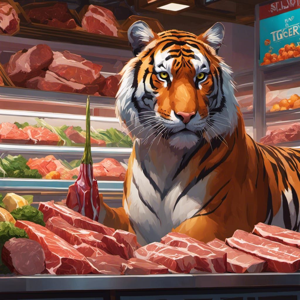 Tiger Sniffs Meat: Hyperrealistic Concept Art