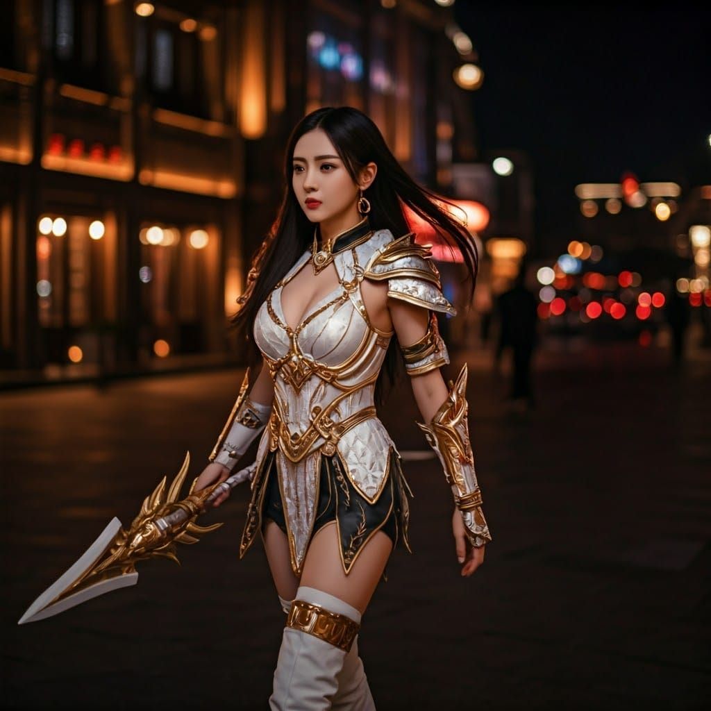 Elegant Shanghai Warrior in Cinematic Nighttime Splendor