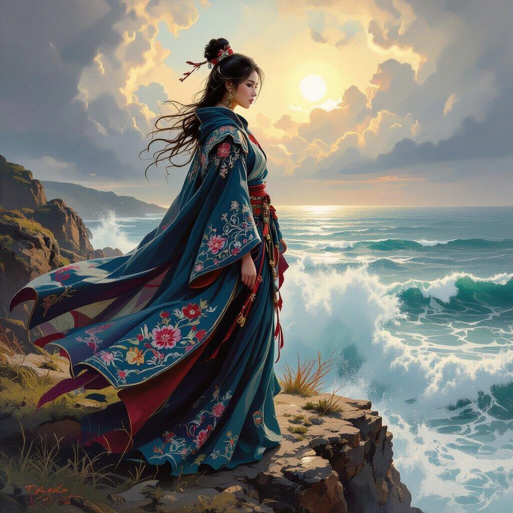 Elegant Asian woman in flowing warrior's cloak with intricate, traditional embroidery, stands on windswept cliff, amidst...