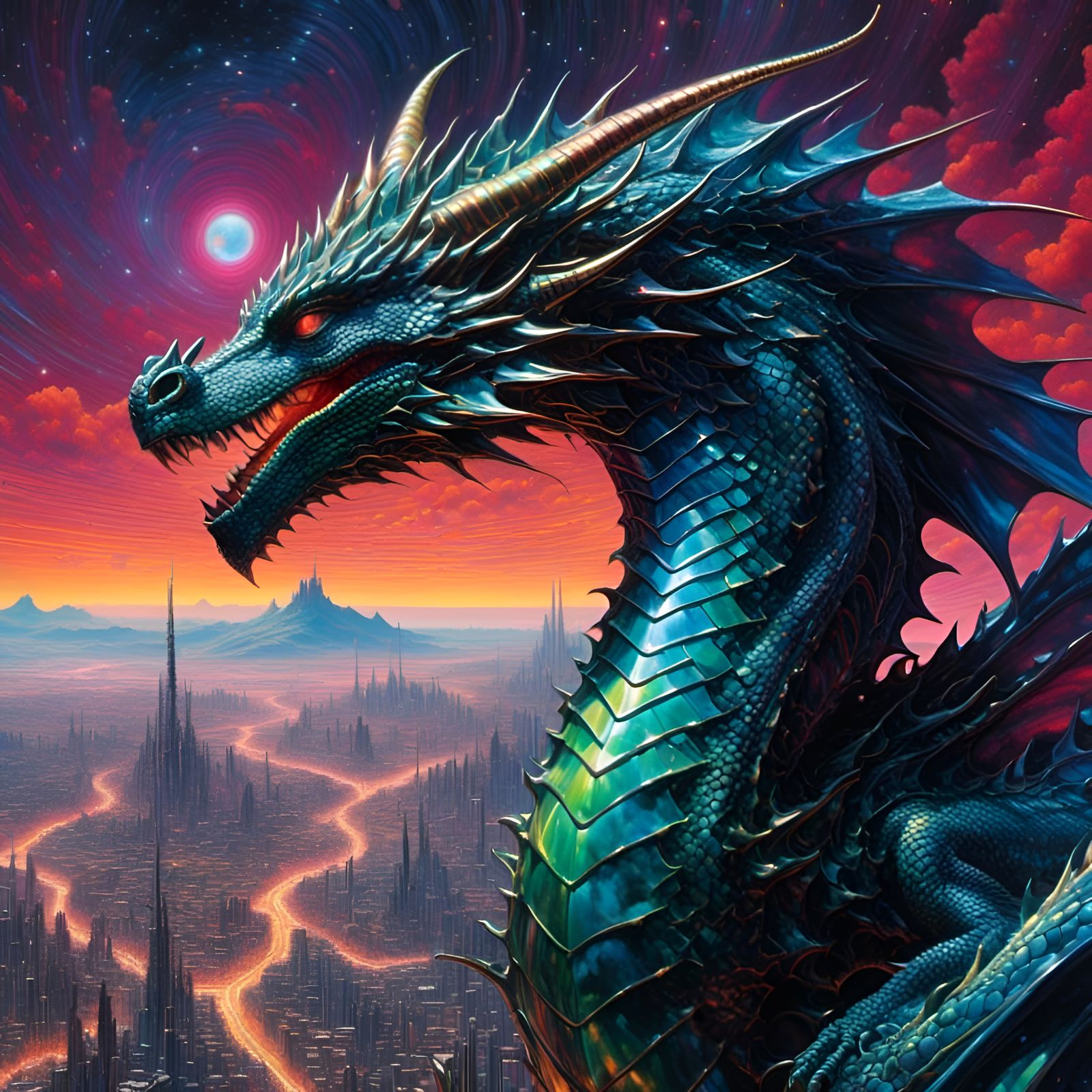 Dragon Portrait Under Starry Sky in Digital Painting Style