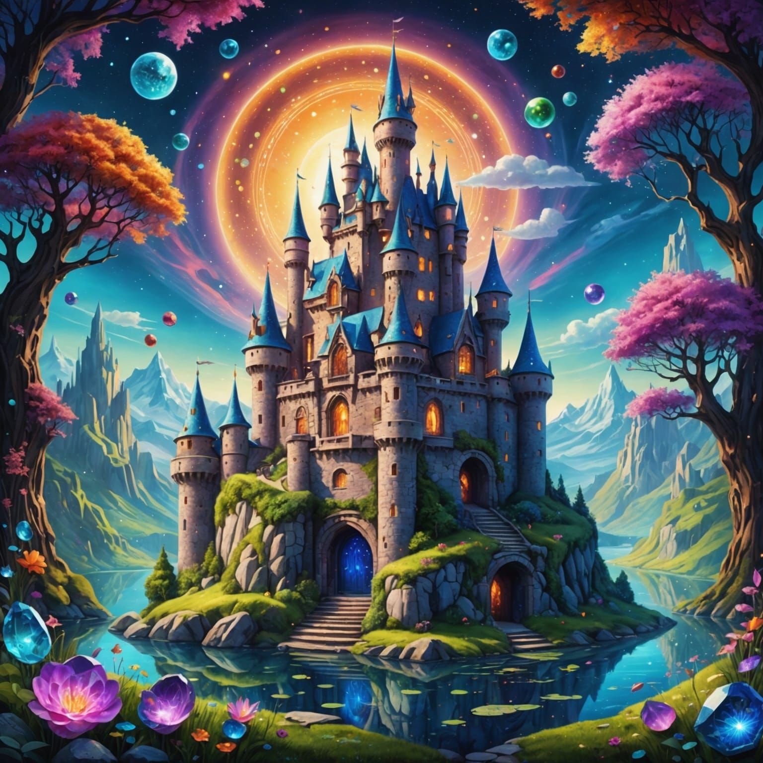 Enchanted Castle with Fairies in Astral Cosmic Style