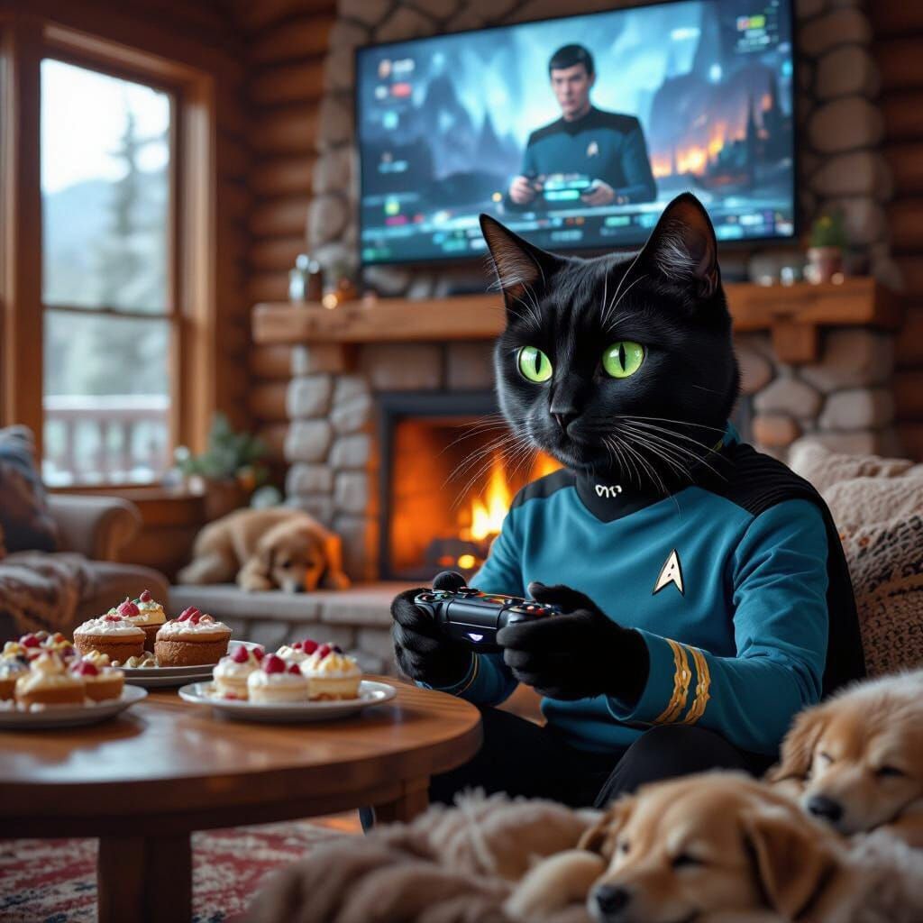 Spock Cat Plays Video Games in Cozy Cabin