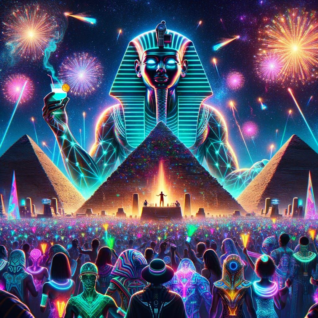 Cyberpunk Rave Party Amidst Glimmering Pyramids