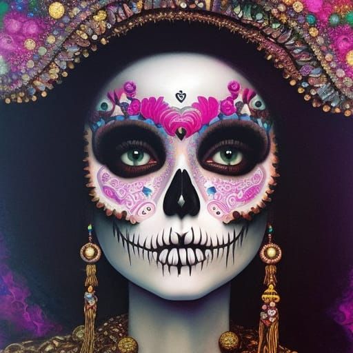 Beautiful Sugar Skull Girl Holding Hearts