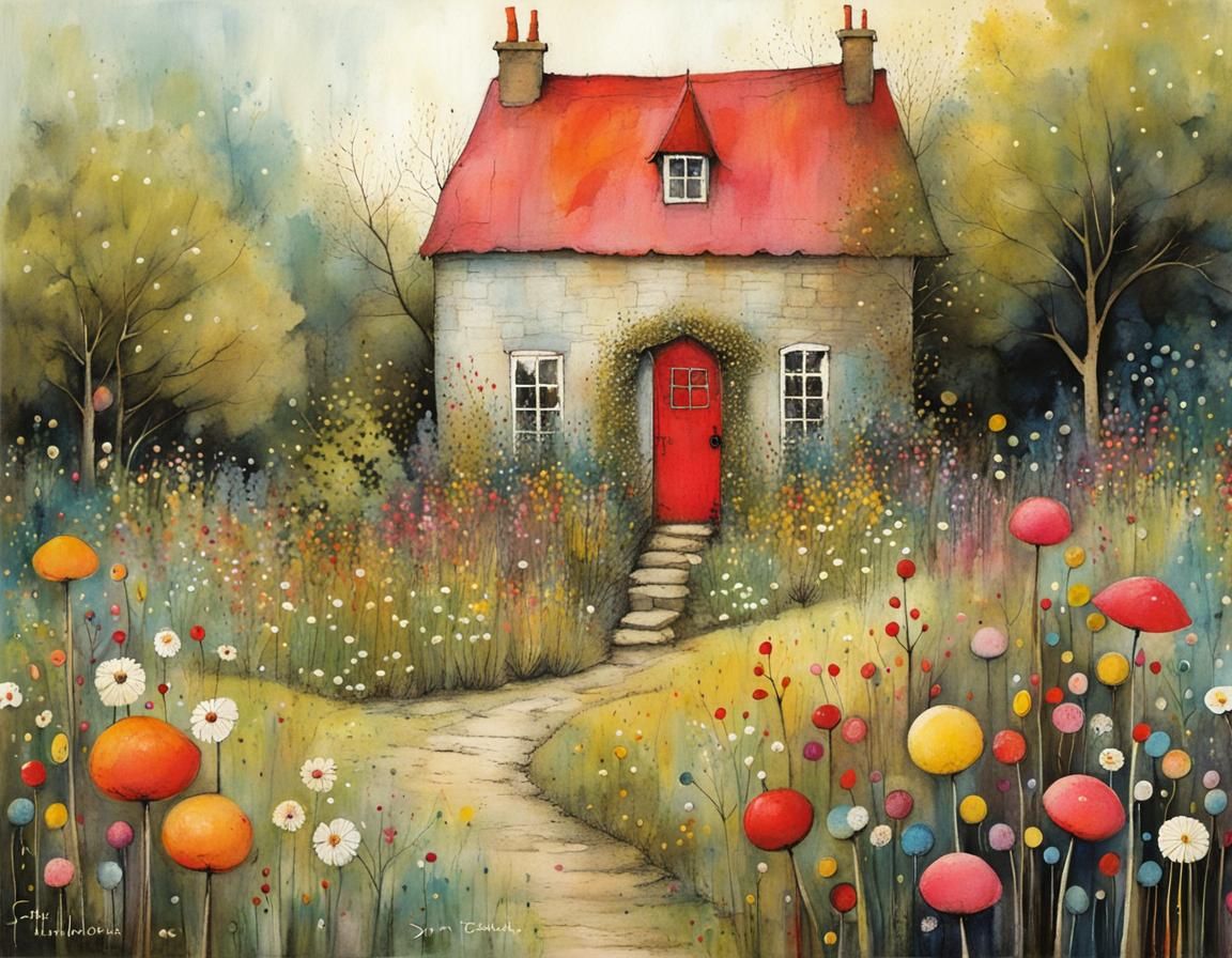 Candy House in Magical Garden, Naive Art Style