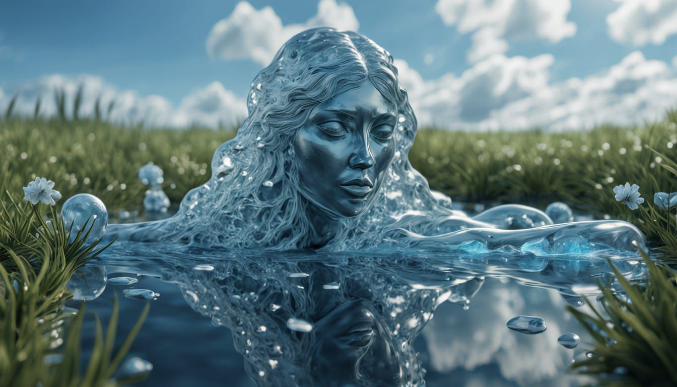 Surreal Landscape with Green Sky and Blue Flowers