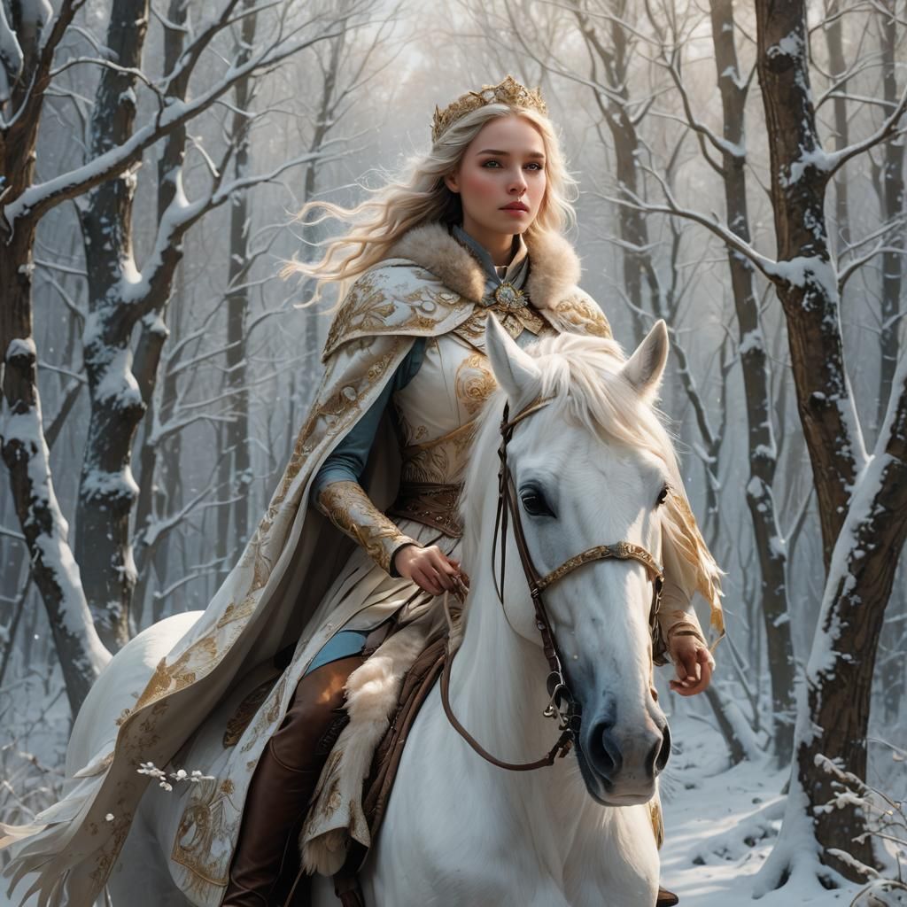 Princess on White Horse in Winter Forest