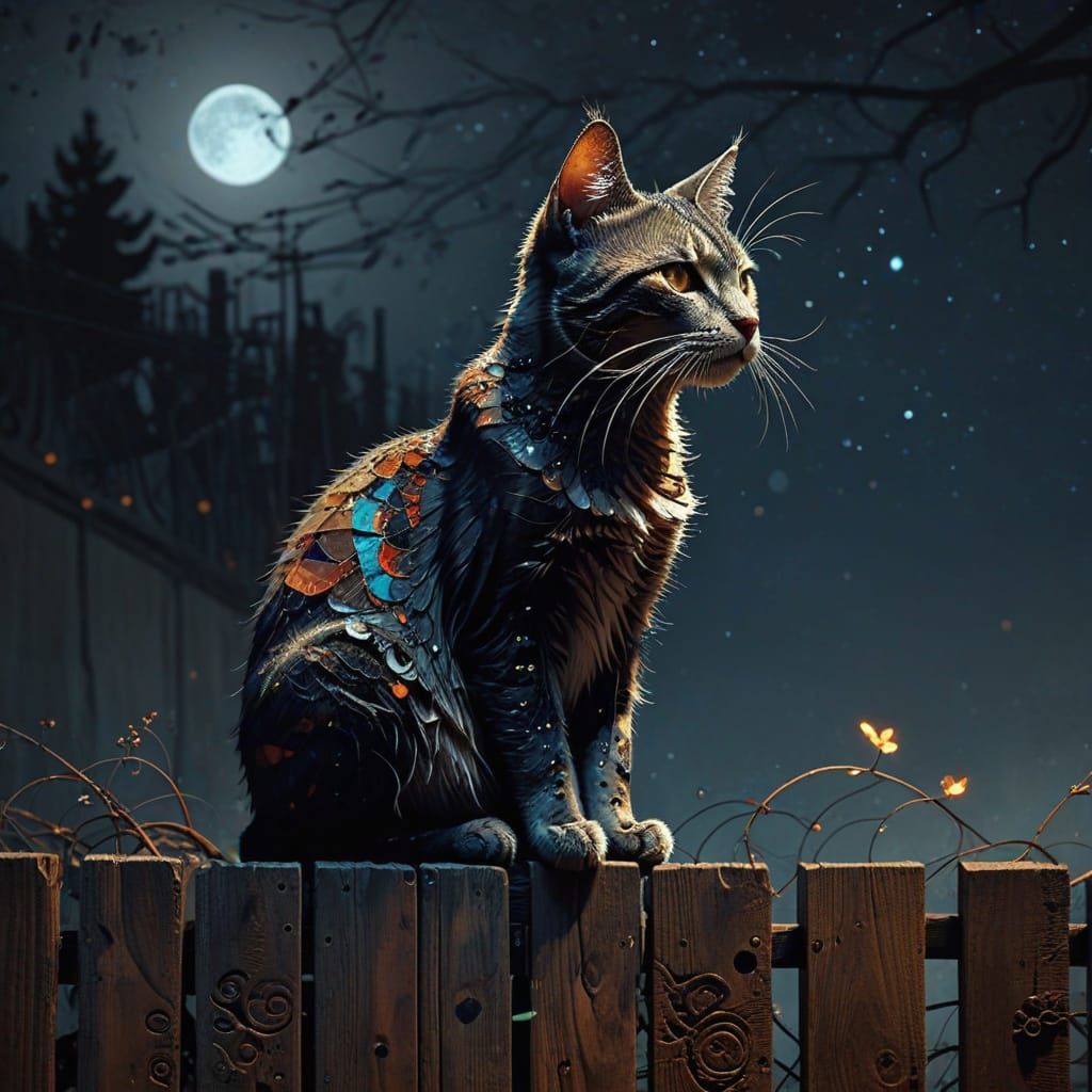 Whimsical Alley Cat in Rich Tones and Vibrant Lighting