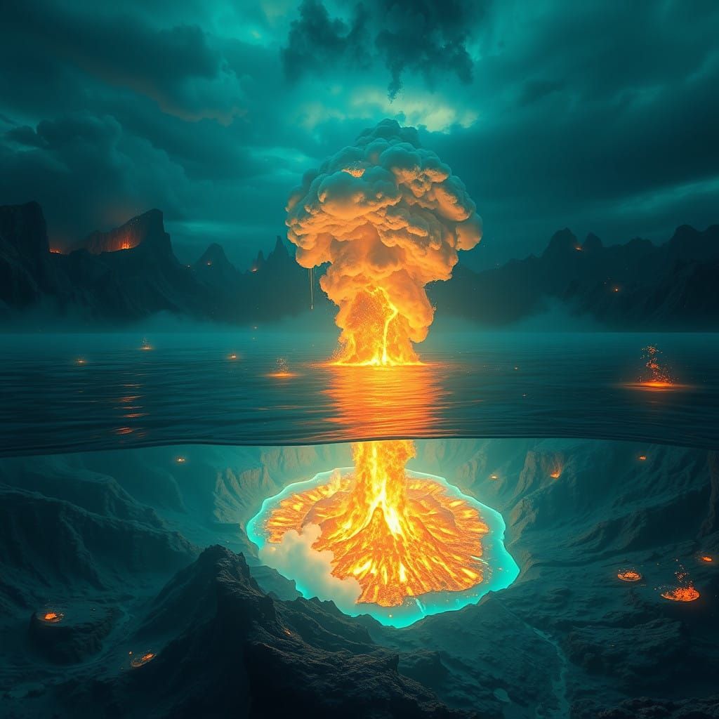 Underwater Volcanic Apocalypse in Surreal, Cyberpunk Style