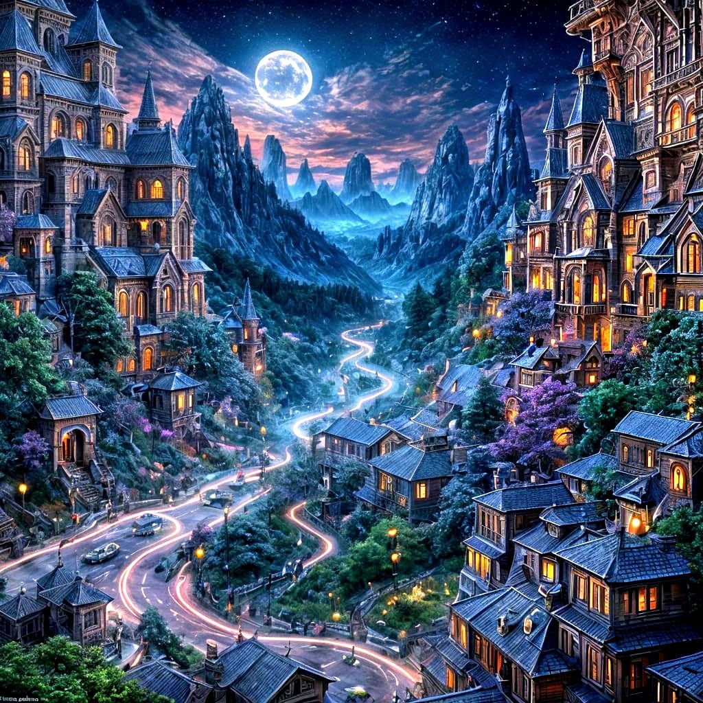 Green Sunset Over Blue Mountains in Fantasy Style