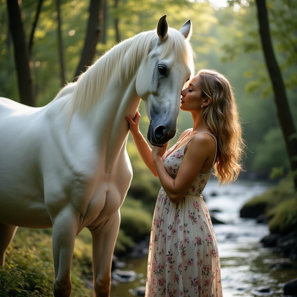 Elegant Woman and Horse Embrace in Forest