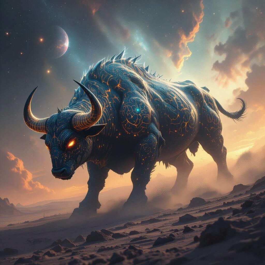 Bioluminescent Ox in Cosmic Nebula, Giger-Beksiński Style
