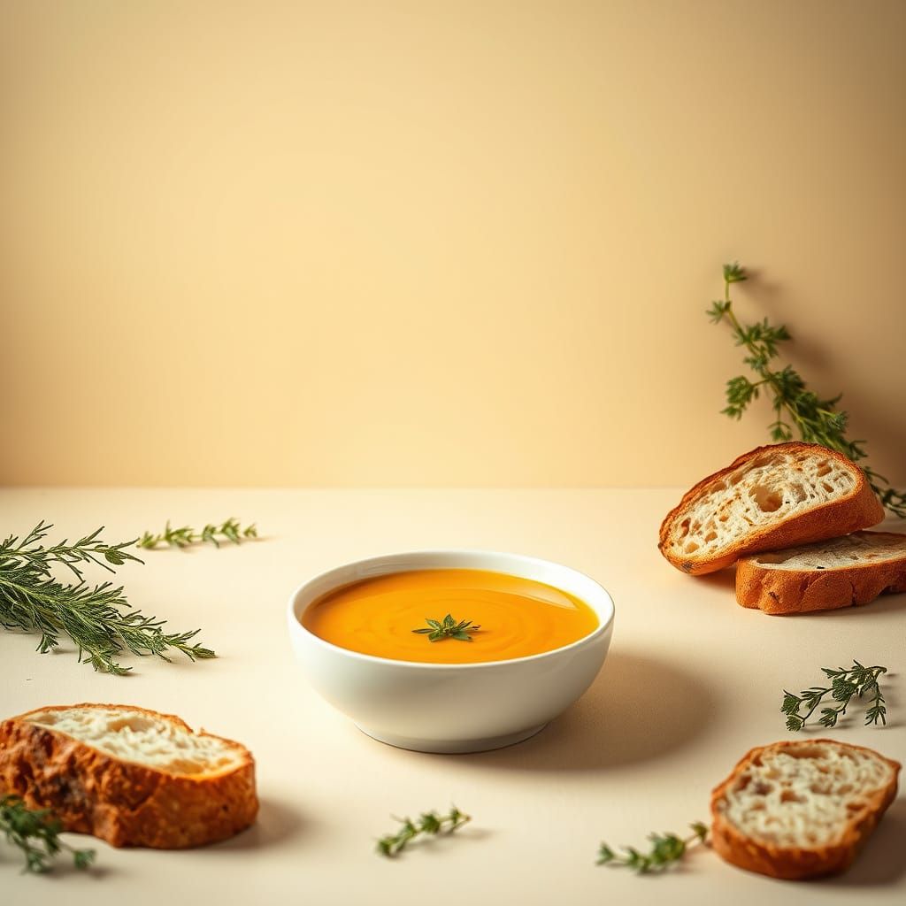Golden Soup Composition with Artfully Arranged Bread and Her...
