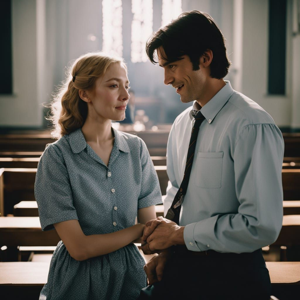 Romantic Church Scene: A Cinematic Film Still