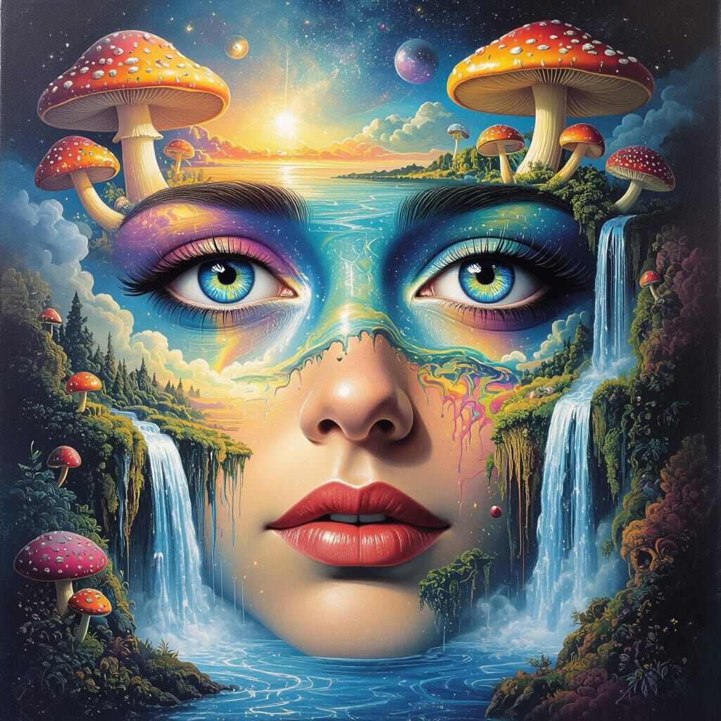 Cosmic Face with Psychedelic Mushrooms and Waterfalls