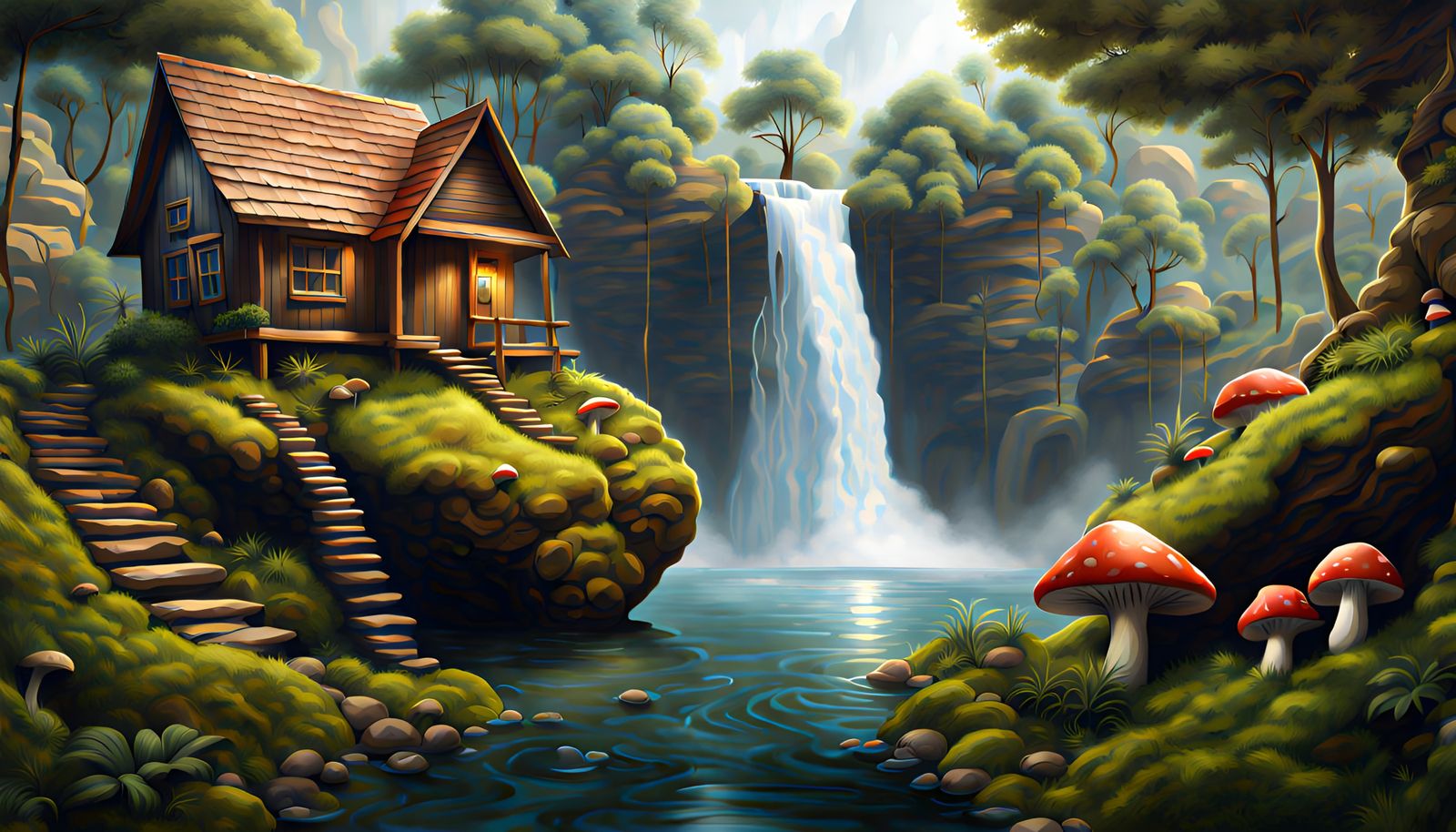 Realistic Waterfall Scene with Wooden House