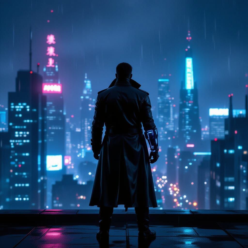 Cybernetic Figure Overlooks Rain-Soaked Cyberpunk City