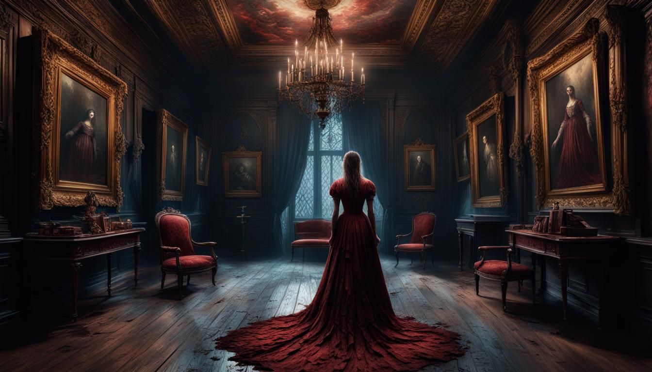 Nightmarish Victorian Room with Spirits, Digital Painting