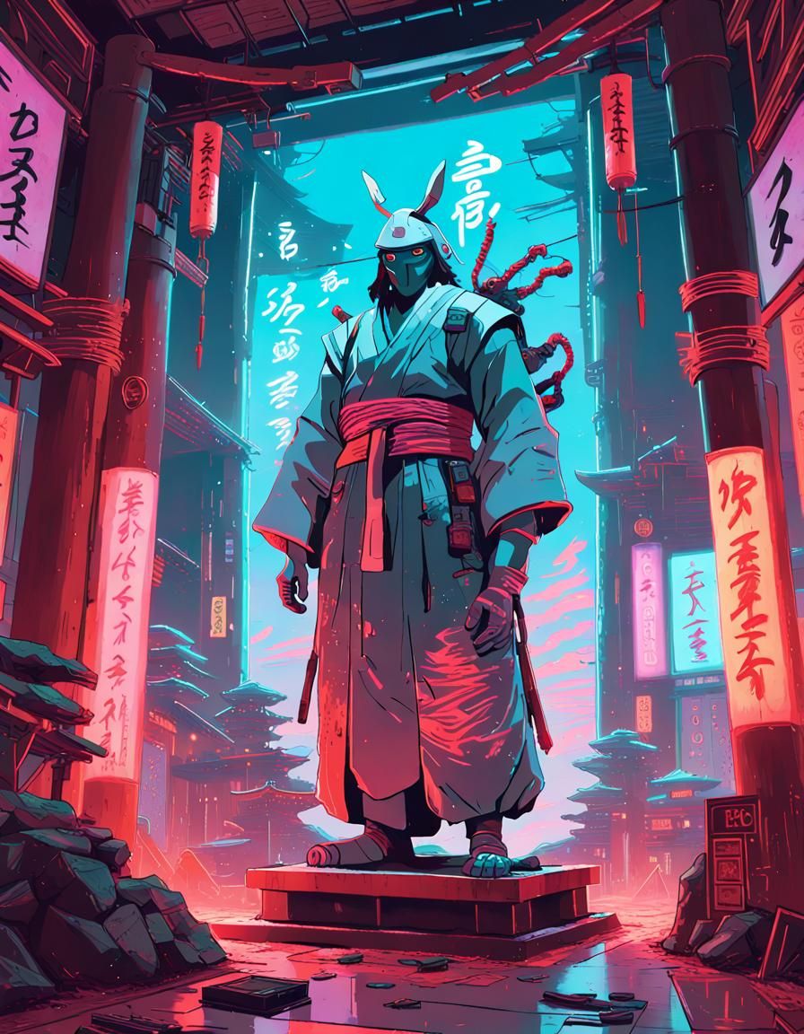 Neon Statue in Dystopian Dojo: Ghibli-Ukiyo-e Style
