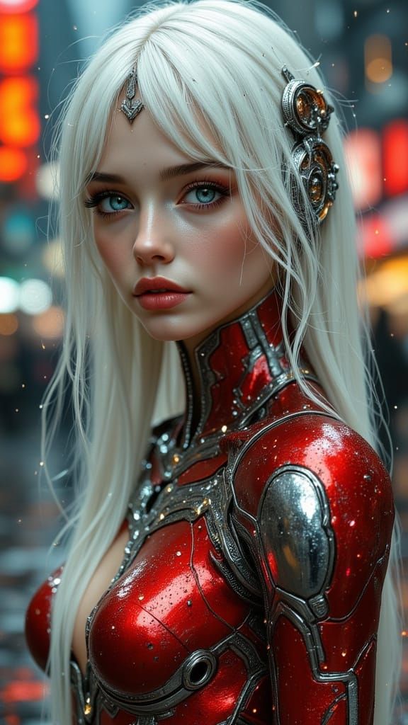 Ethereal Cyborg Woman in Futuristic City