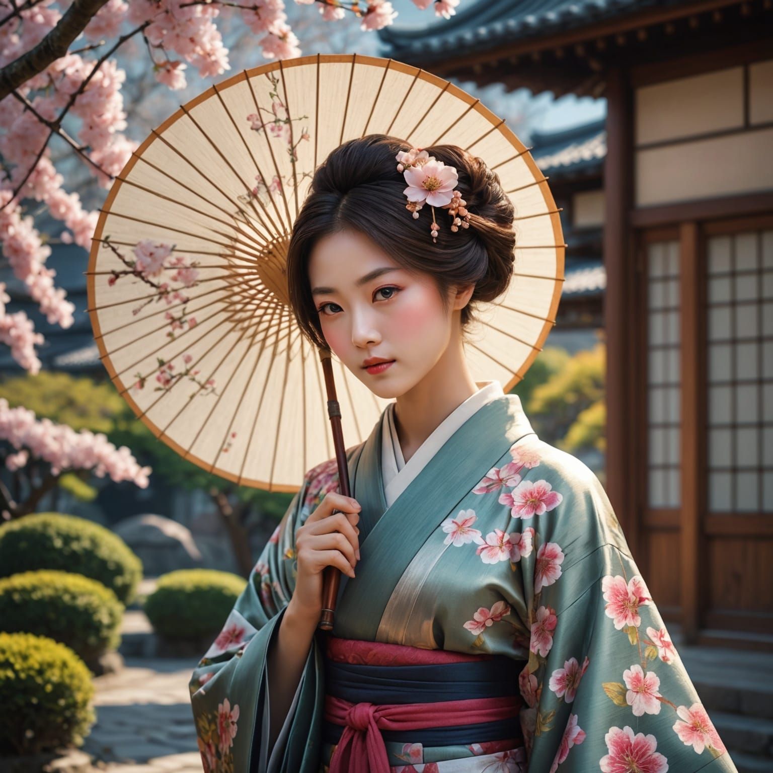 Geisha with Parasol in Art Nouveau Style