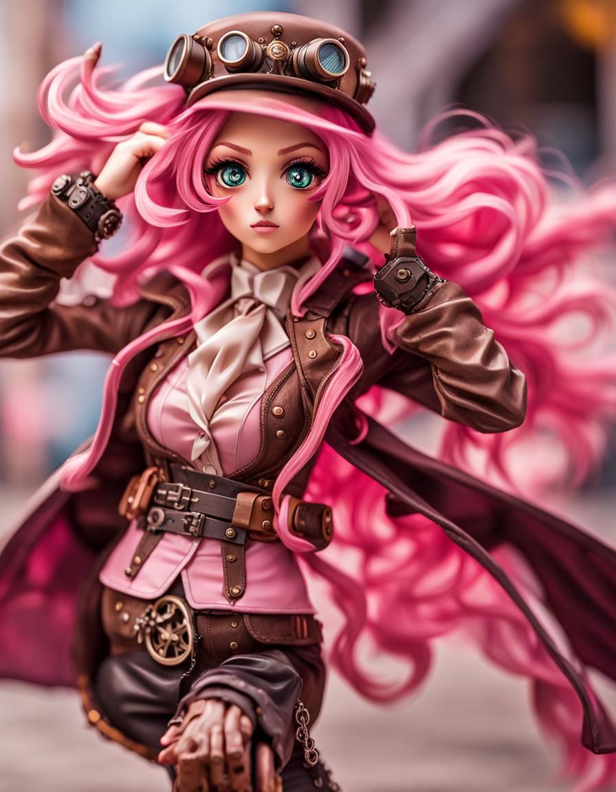 Steampunk Anime Girl Figurine in Action Fight Scene