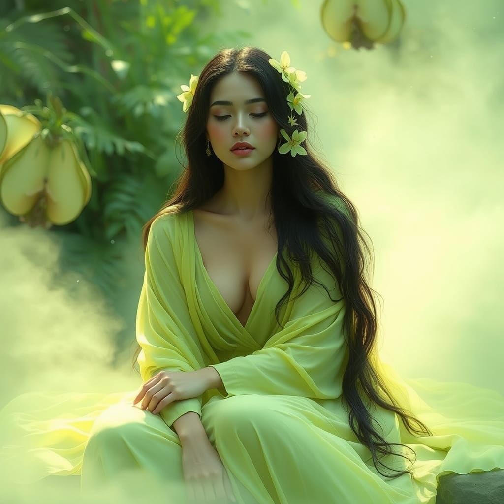 Ethereal Goddess in Lime Hues, Surrounded by Lush Greenery